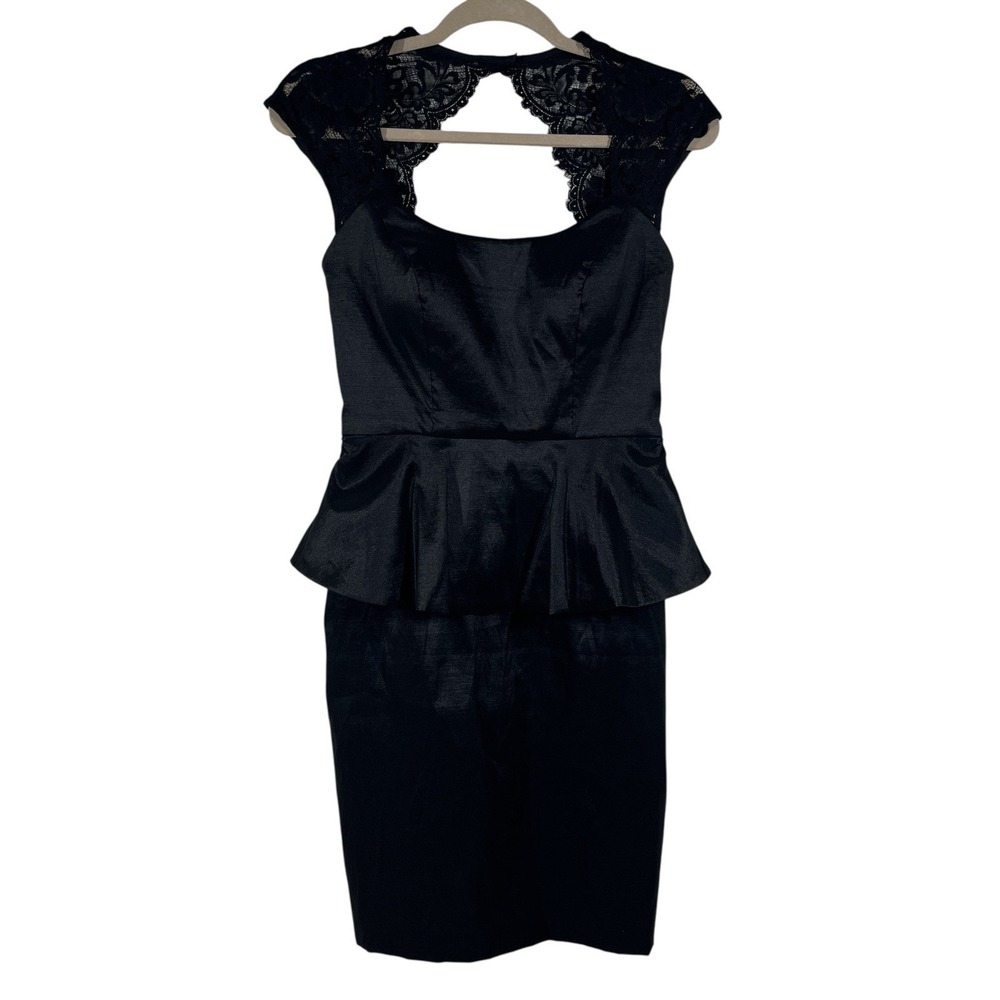 Vintage Caché Peplum LBD Dress‎ Size 6 Black Lace Shoulder Whimsy Goth Body Con